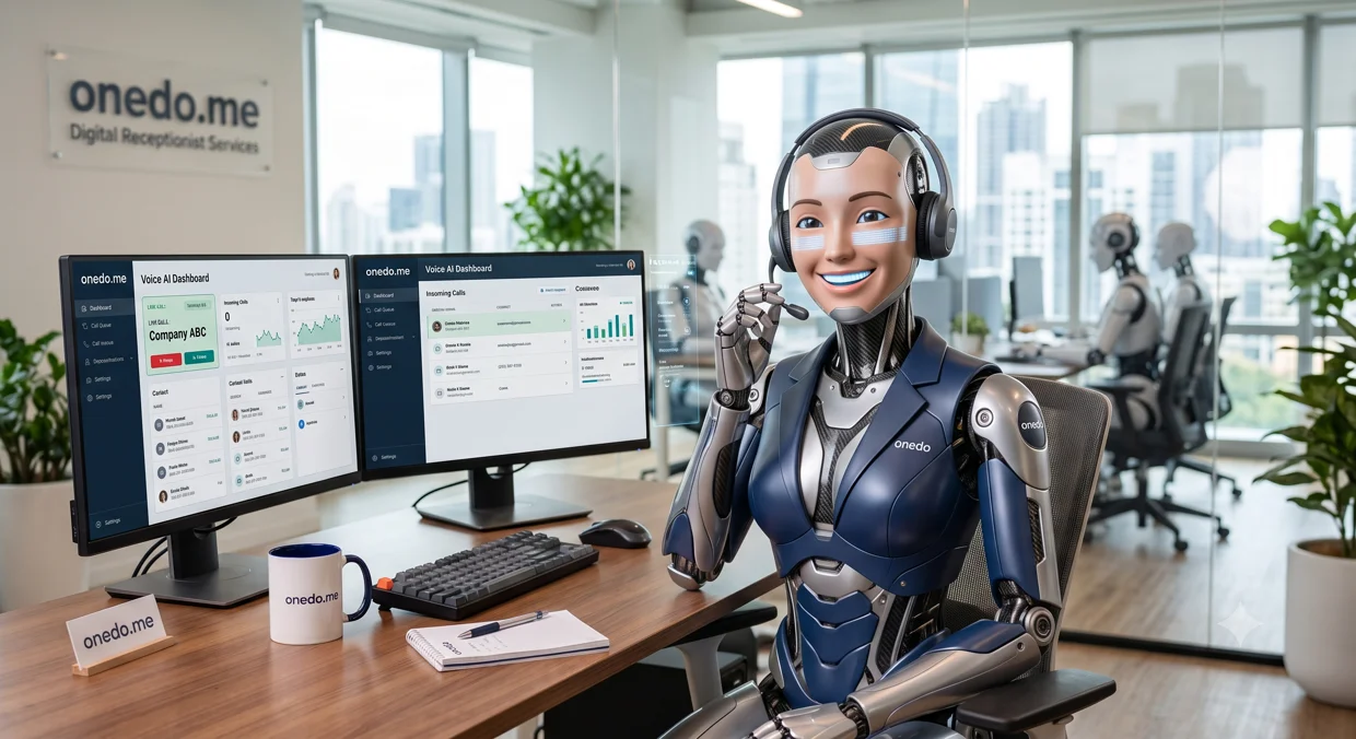 OneDo.me AI receptionist at work: a friendly robot with a headset answering calls at an onedo.me desk
